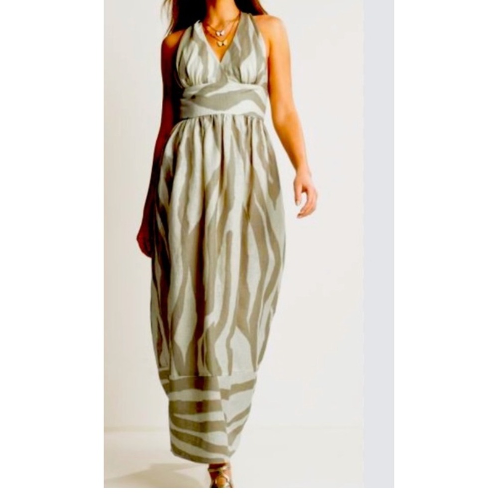 Banana Republic Tan Zebra Linen Halter Maxi Dress Size 4 Neutral V-Neck Resort